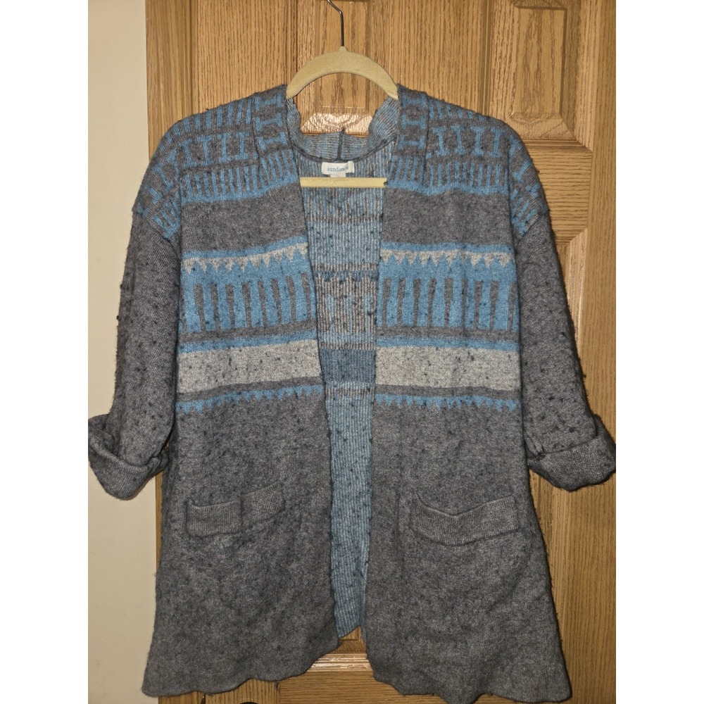 Sundance Catalog Open Front Cardigan XL Gray Turquoise Aztec Southwest Fair Isle